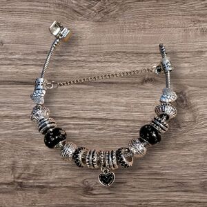 Silver & Black Charm Bracelet, Safety Chain, Heavyweight, Approximately …